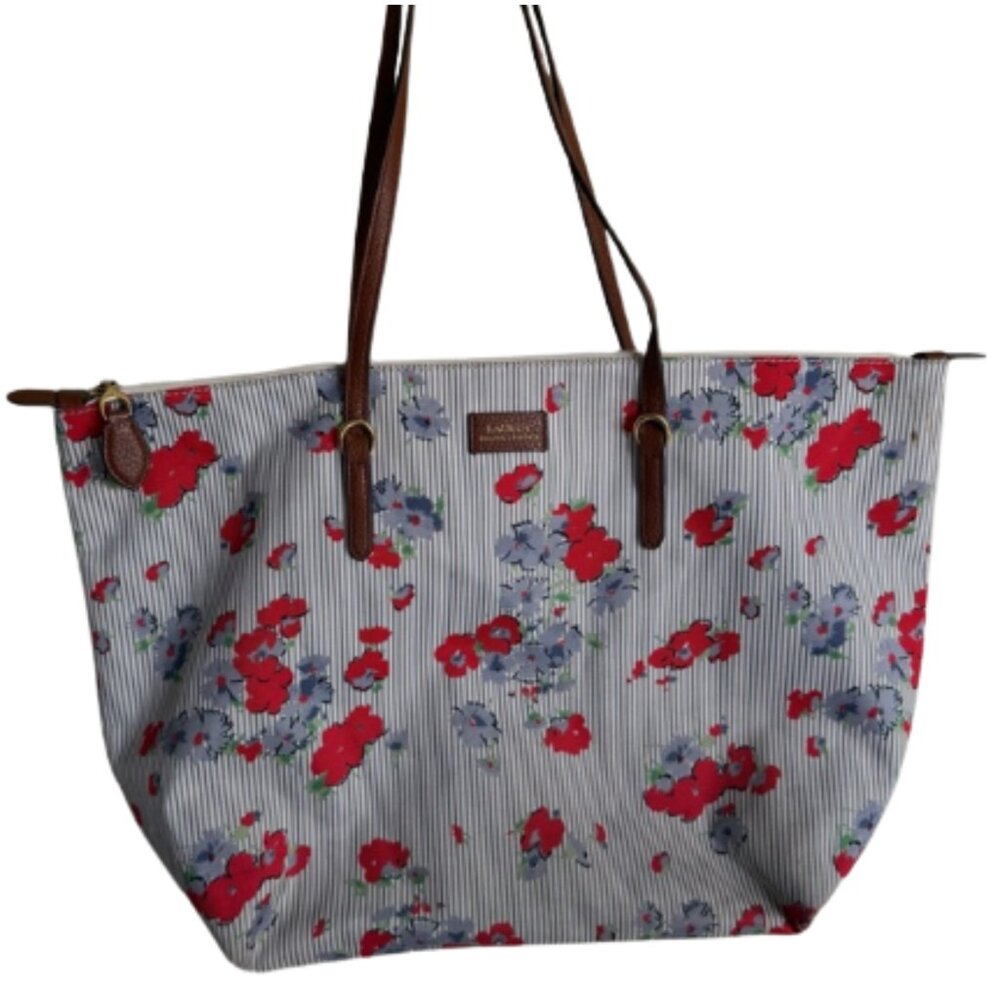 Ralph Lauren Striped Floral Tote Bag with Long Leather Over the Shoulder Straps